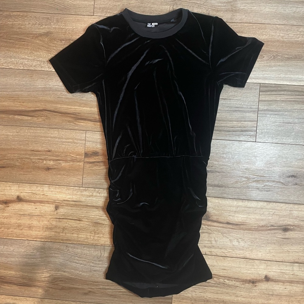 The Kooples Short Sleeve whimsigoth grunge black Velvet Rouched Mini Dress - Picture 4 of 9